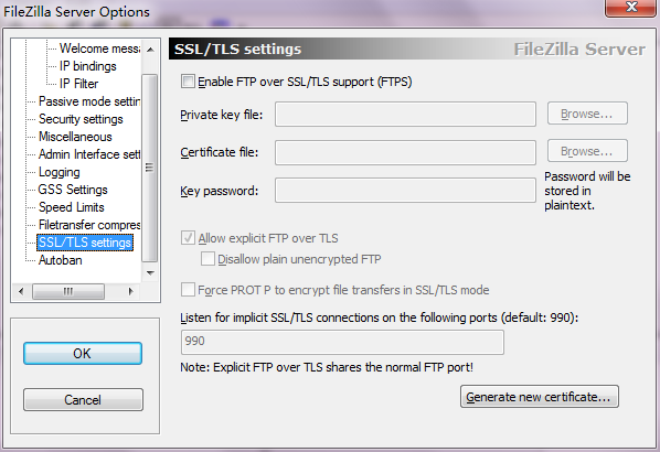 FileZilla Server配置ssl/tls