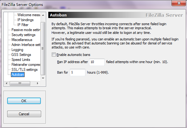 FileZilla Server配置1小时之内10次失败尝试